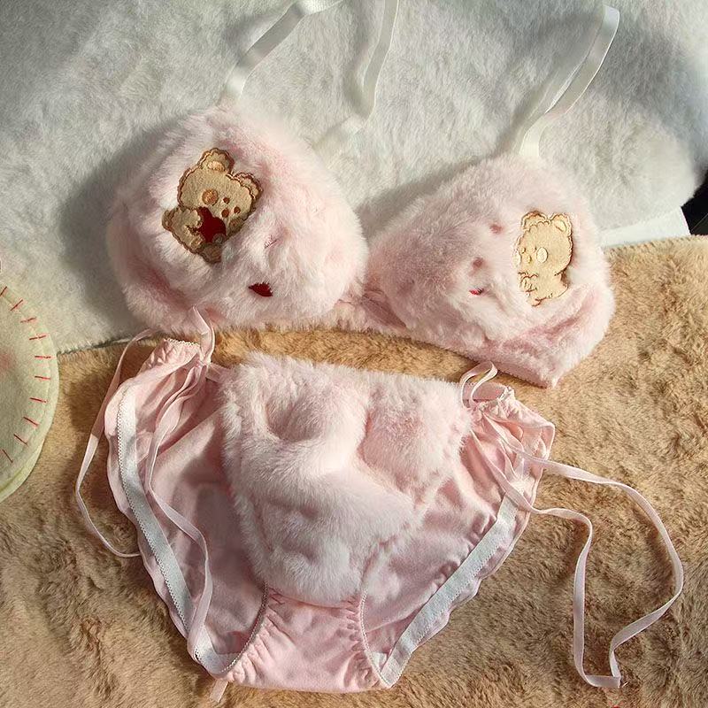 Womens 2pcs Bra Panty Set Bear Plush Bow Underwear Lingerie