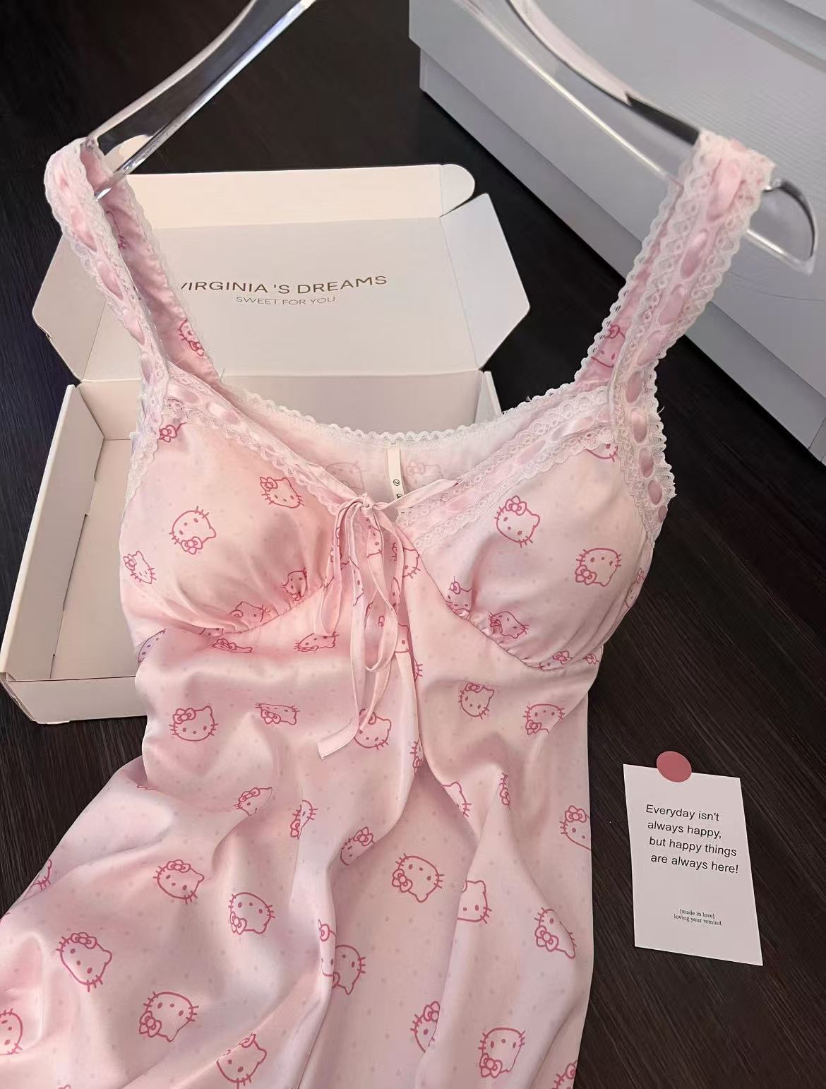 Hello Kitty Pink Lace Silk Nightgown, Sexy Camisole Nightgown