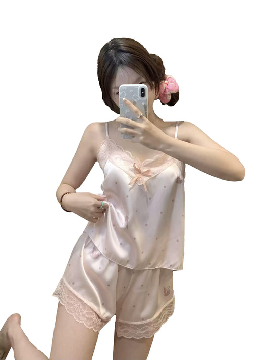 Pink lace-trimmed camisole shorts two-piece set