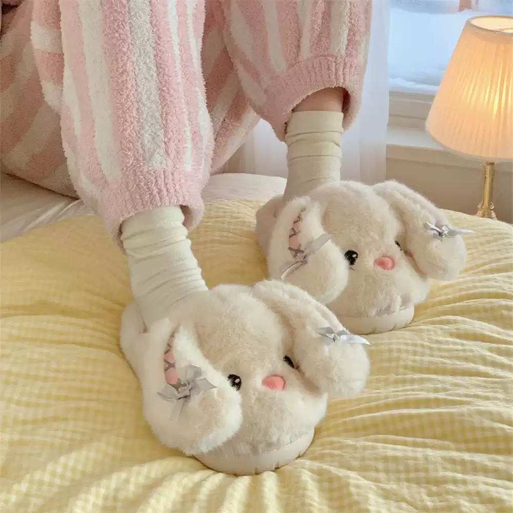 Rabbit plush slippers, non-slip indoor home shoes