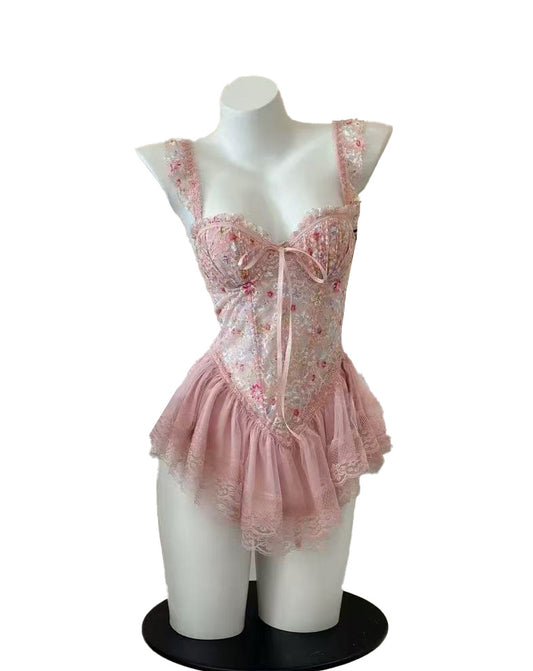 Pink spaghetti strap mini dress with bra pads + underwear