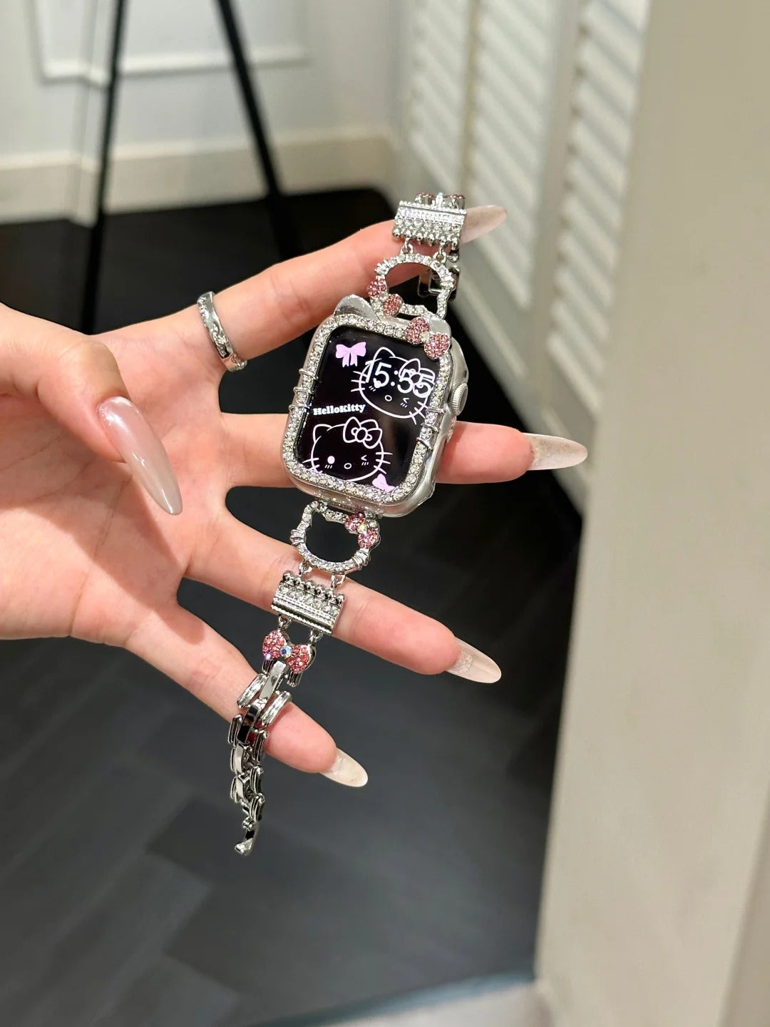 Hello Kitty Apple Watch Band Bling Diamond with Crystal Tempered Glass Screen Protector Case, iWatch Series