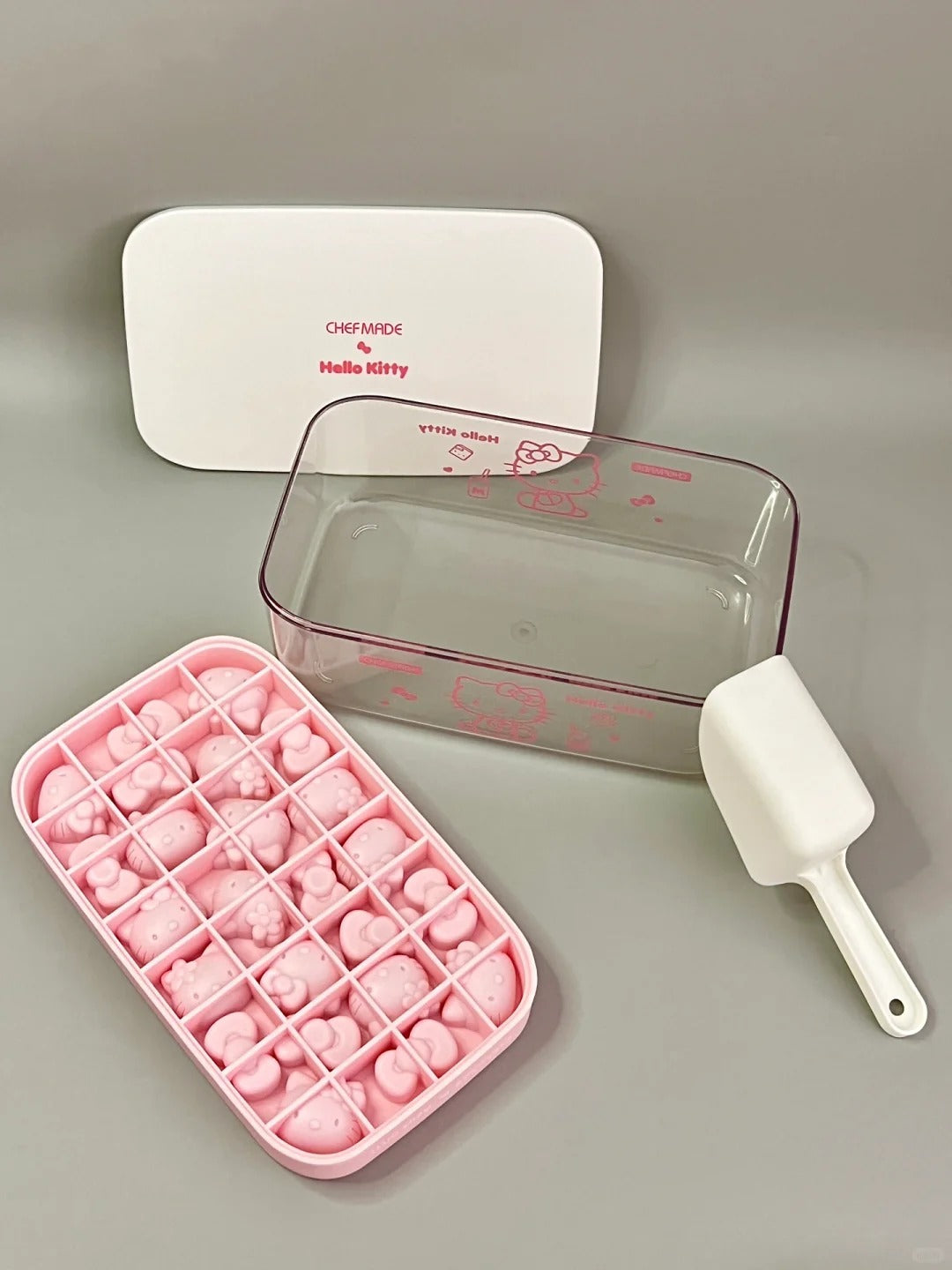 Hello Kitty Shaped Ice Cube Tray with Lid and Bin (with Scoop)