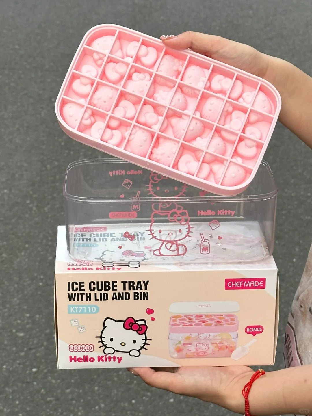 Hello Kitty Shaped Ice Cube Tray with Lid and Bin (with Scoop)