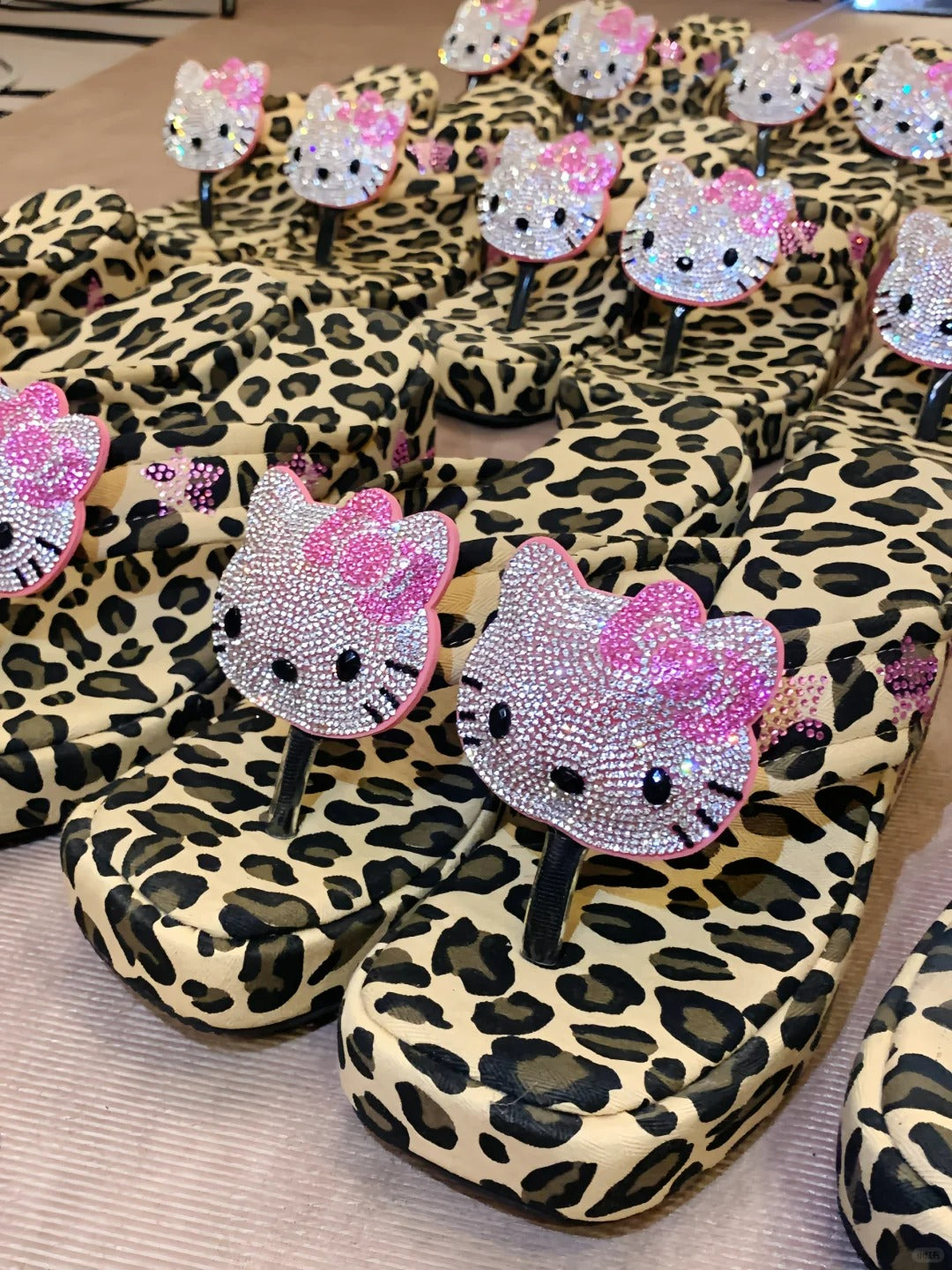 Hellokitty Handmade Rhinestone Leopard Print Women's Sandals Cute Slippers