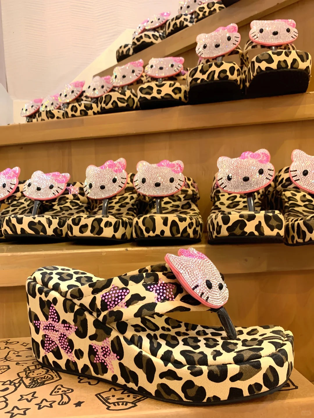 Hellokitty Handmade Rhinestone Leopard Print Women's Sandals Cute Slippers