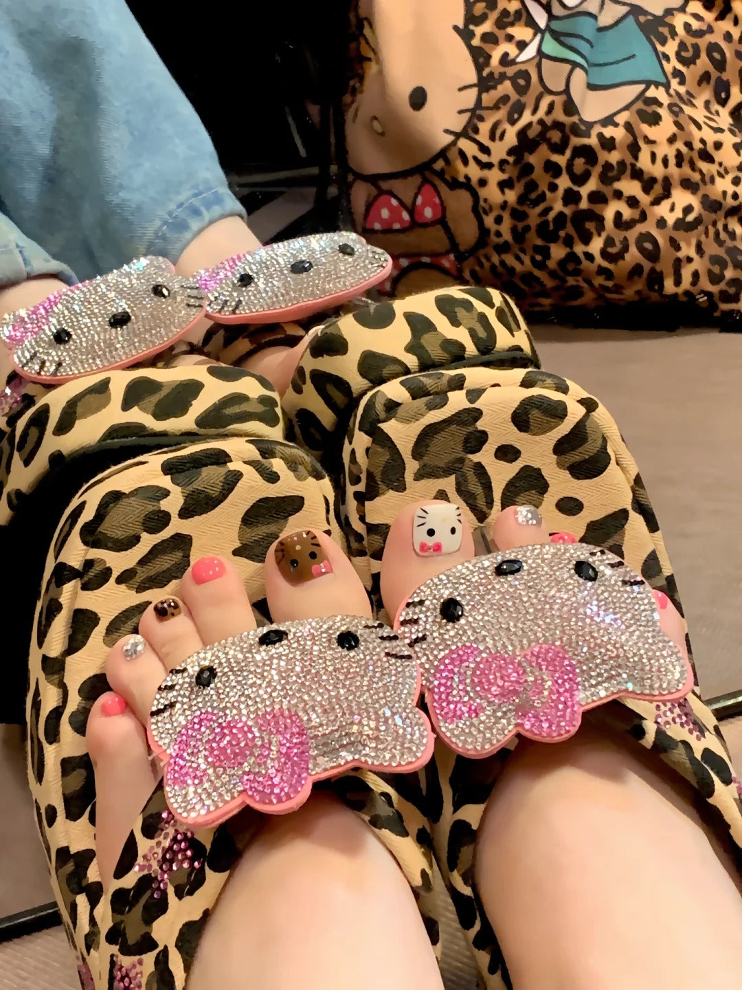 Hellokitty Handmade Rhinestone Leopard Print Women's Sandals Cute Slippers